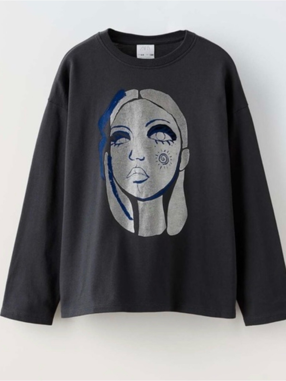 Zara - Kids Long Sleeve Graphic Tee - Dark grey with Blue & Silver Face Design